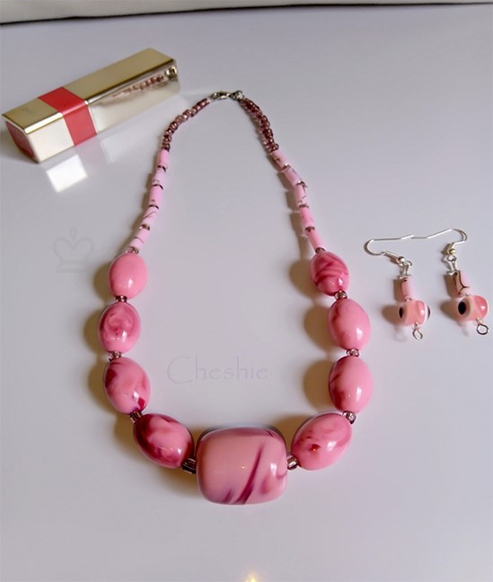 Pinky Beaded Earrings and Necklace