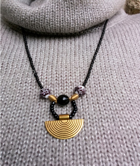 Black Beaded Brass Necklace