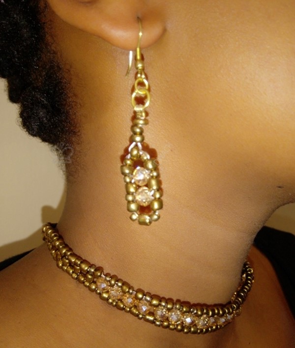 Golden Beaded Crystals Earrings and Necklace