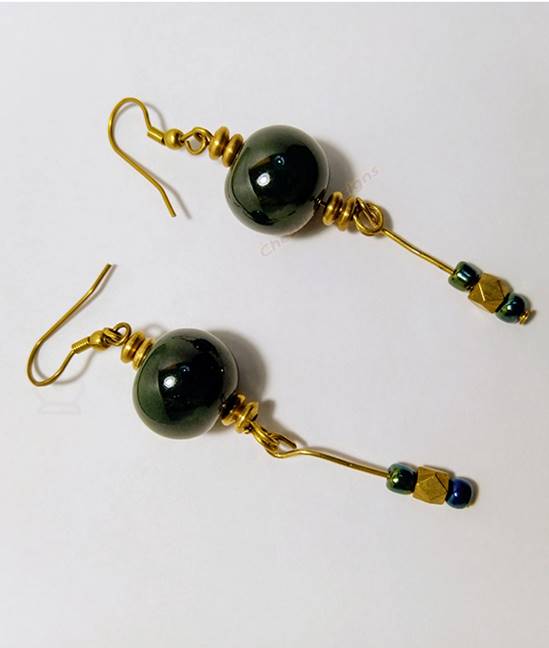 Dark Green Long Beaded Brass Earrings