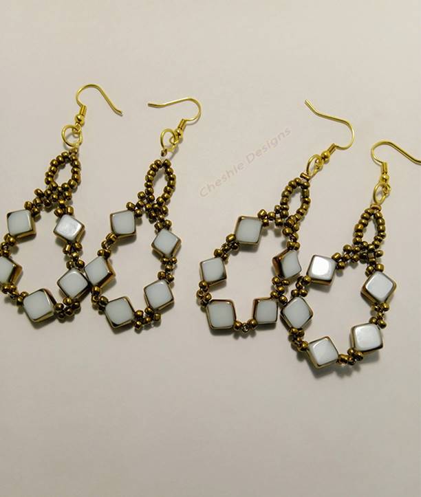 White Diamond Gold Beaded Earrings