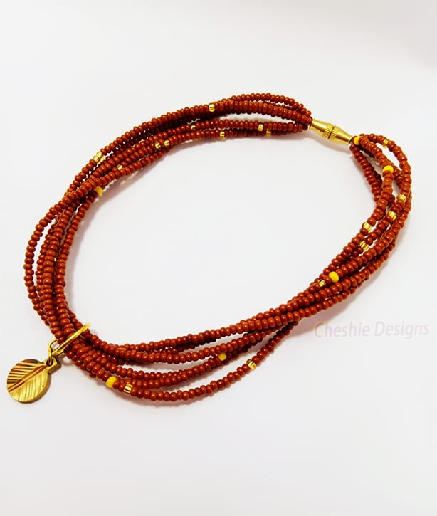 Red Beaded Anklet with Brass Leaf